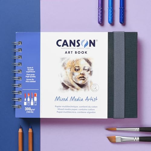 Canson Mixed Media Art Book, 8.3x11.7 inches, 56 Sheets, Blue Cloth Hardcover, Side Wire - Professional Artist Notebook for Painting, Sketching, Drawing - size: 8.3x11.7 inches