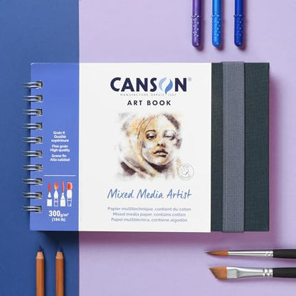 Canson Mixed Media Art Book, 8.3x11.7 inches, 56 Sheets, Blue Cloth Hardcover, Side Wire - Professional Artist Notebook for Painting, Sketching, Drawing - size: 8.3x11.7 inches