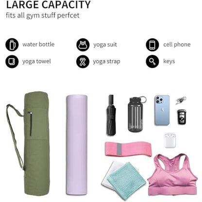 Cotton yoga mat bag with Pockets and Adjustable Strap - Full Zip Cargo Yoga Mat Carrier Bag - Bag for 1/4" 1/3" Thick Yoga Mat - color: Green, size: L
