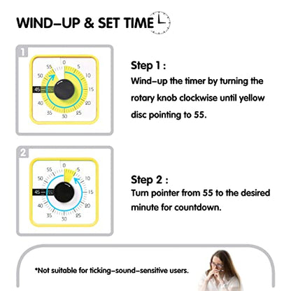 TWENTY5 SEVEN Countdown Timer 7.5 inch; 60 Minute 1 Hour Visual Timer – Classroom Teaching Tool Office Meeting, Mechanical Countdown Clock for Kids Exam Time Management Magnetic, Yellow - color: Yellow