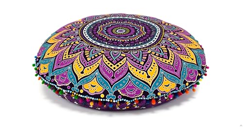 INDIAN CRAFT CASTLE ICC Meditation Floor Pillow Cover, Round Large Pillow Cover Seating for Adults, Bohemian Mandala Circle Cushion Cover for Outdoor Fireplace Yoga Living Room, 32 Inch Pink Multi - color: Pink Multi