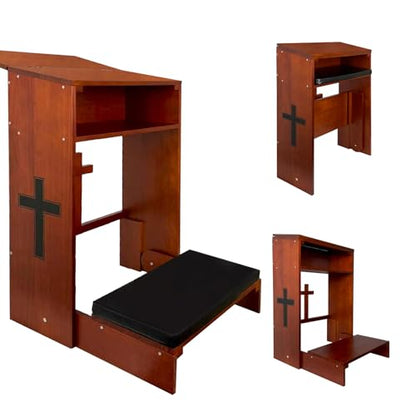 보관 선반 및 쿠션이 있는 나무 기도 무릎 꿇기 - 가정 및 교회용 접이식 기도 벤치, 편안한 무릎 꿇기 경건한 퓨 벤치, 높이 81.3cm(32인치) x 너비 55.9cm(22인치) - style: Prayer Kneeler 2