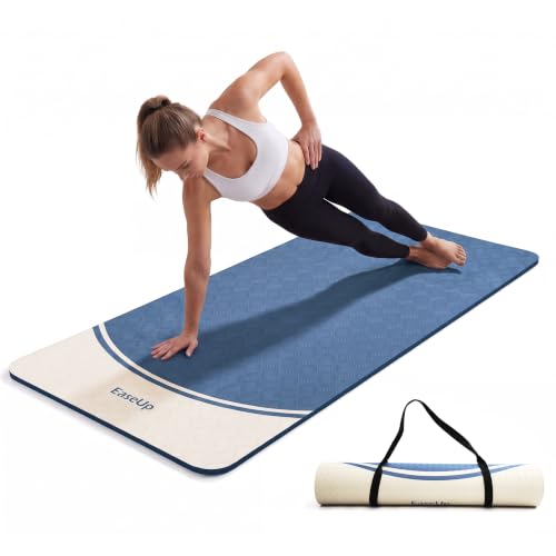 EaseUp 10mm Thick Yoga Mat, 73"×31.5" Extra Wide, Non-Slip with Strap - color: Blue