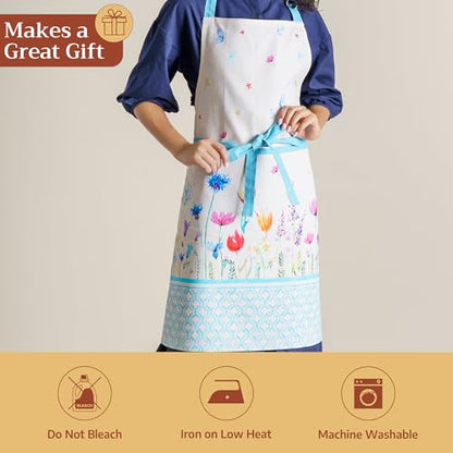Maison d' Hermine Aprons for women with Pocket 100% Cotton (27.50"x31.50") | Adjustable Neck Strap & long ties Apron Men Chef Wedding Cooking Gardening Server Maid - color: 068 - Flower in the Field