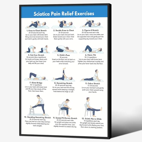 Sciatica Pain Relief Exercises Sports Posters Lower Back & Nerve Stretch Routine Sciatic Nerve Mobility Chart Wall Art Home Hamstring Workouts Print For Living Room Gym 8x12 Inch Black Framed - color: Pain Relief Wall Art, size: 12"L x 8"W, style: Black F