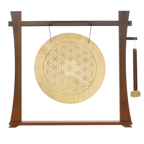 Flower of Life Wind Gongs on Stands - Includes Gong, Mallet & Stand/Traditional Bronze Gong/Sacred Geometry Gong Engraving/Meditation & Sound Healing