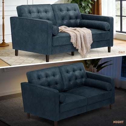 67" Suede Leather 2 Seater Sofa with Two Bolster Pillows, Blue - color: Blue, size: 67" Loveseat