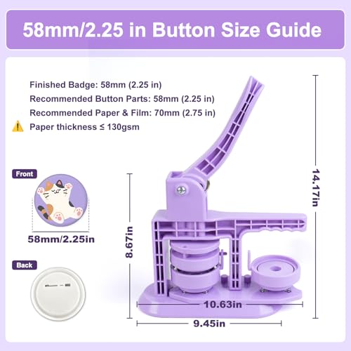 Happizza Button Maker Machine 58mm/2.25in, Pin Maker Machine Kit with 30 Buton Parts, DlY Badge Maker, Purple Button Press Machine, Perfect Beginner Experience Kit, Ideal for School, Parties, Events - color: Purple