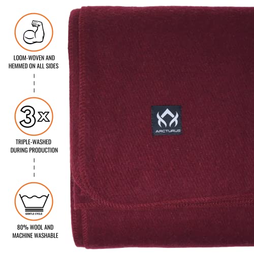 Arcturus Military Wool Blanket - Warm, Thick, Washable - Great for Outdoors, Camping, Stadium Blanket, Picnics, Travel - Car & Bushcraft Survival Kits - color: Wine, size: Twin