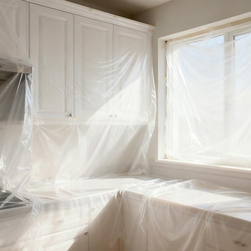 4 Rolls 8.9 x 65.6 ft Pre-Taped Masking Film, Plastic Drop Cloth with Tape | Plastic Sheeting Drop Cloth for Painting,Automotive Covering and Appliance Protection,Pre Taped painter,Plastic Sheeting Roll