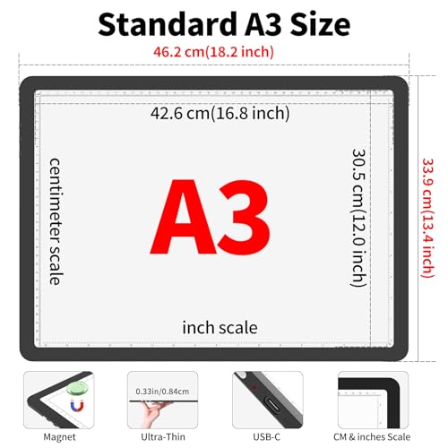 Phylosal Magnetic A3 Light Pad, Super Bright Light Box with Side Button, Diamond Art Light Board, Lightbox for Tracing and Drawing, USB Power Artcraft Light Table for Sketching, Weeding Vinyl (Black) - color: Black, size: A3 without Handbag