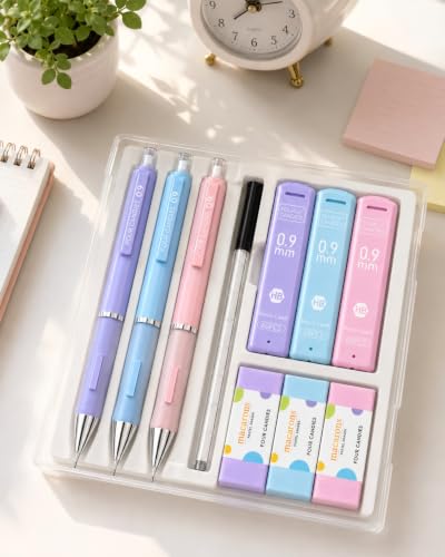 Four Candies 0.9mm Pastel Mechanical Pencil Set with Case, 3-Pack | 360 Leads, 3 Erasers+9 Refills, Cute Pink/Purple/Blue Barrels, Non-Slip Grip, Bold Lines for Notes, Sketching & Marking - style: 0.9mm