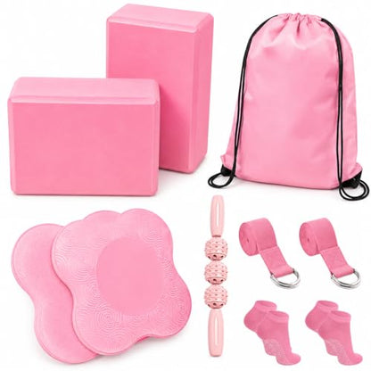 2 Yoga Blocks Supportive Accessories including 2 Knee Pads, 2 With Strap To Put Less Weight On Wrists, 1 Muscle Massage Roller, 2 Pair of Non-Slip Pilates Socks, 1 GYM Bag, Durable Versatile Yoga Brick Exercise Set of 10 - color: Pink
