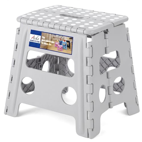 ACKO 13 Inch Folding Step Stool, Non-Slip Surface for Adults and Kids, Gray | Collapsible Heavy Duty Foldable Stools, Portable Foot Stepping Stool Holds 300 lbs, Kitchen Bathroom Outdoor, with Handle - color: Gray, size: 13 Inch