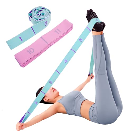 2-Pack Yoga Straps with 11 Loops - Adjustable Elastic Stretching Bands for Pilates, Dance, Ballet Gymnastics & Physical Therapy, Multifunctional Flexibility Exercise Equipment - color: Pink+Blue