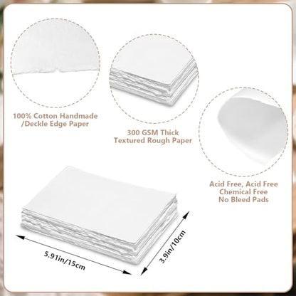 30 Sheets Watercolor Paper, 300 GSM Thick Textured Cotton Paper - 4 x 6 Inch Deckled Edge Handmade Paper for Painting, Calligraphy, Wedding Invitations, Greeting Cards, DIY Crafts