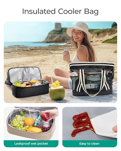 BAGSMART Beach Bag for Women, Mesh Tote Bags with Zipper, Sandproof Vacation Essentials with Cooler for Swim Cruise Pool - color: Blue