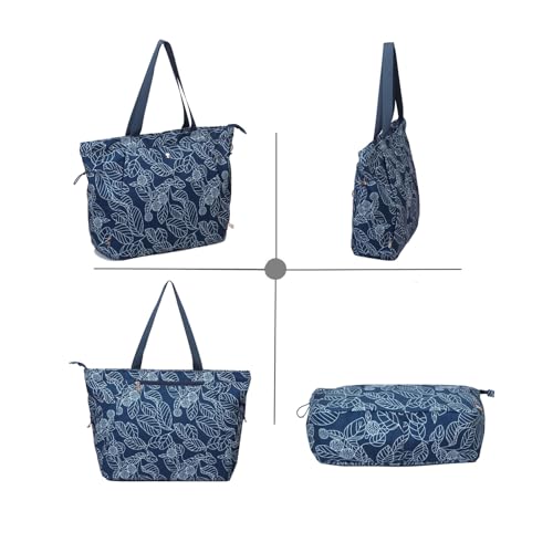 ESVAN Yoga Tote Bag for Women Drawstring Canvas Shoulder Bags for Workout Travel Carryall Pilates Gym and Beach - color: Navy Leaf
