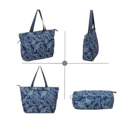 ESVAN Yoga Tote Bag for Women Drawstring Canvas Shoulder Bags for Workout Travel Carryall Pilates Gym and Beach - color: Navy Leaf