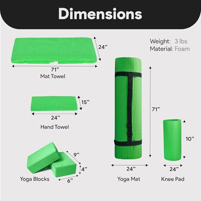 BalanceFrom 7-Piece Yoga Set with 71x24x0.5 Inches Extra Thick Mat and Carrying Sling – Includes 2 Blocks, Stretch Strap, 2 Towels, and Knee Pad for Home, Studio, and Gym Workouts - color: Green