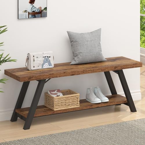 LVB Rustic Entryway Bench with Storage, Hallway Bench for Entryway, 47 in - color: Rustic Brown