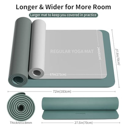 8mm Thick Yoga Mat Non Slip for Women Men | 72"x28" mat for gym, pilates, studio. POE, reversible, non-slip, tear-proof, odorless, easy-clean, strap. - color: Dark green+Dark grey
