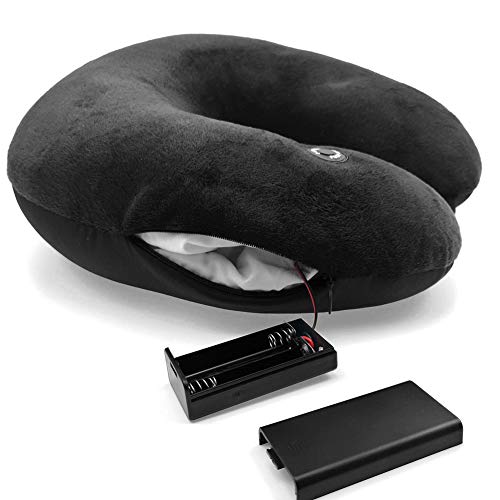 Hooshing Vibrating Neck Pillow Portable Travel Neck Pillow Massage, Black | Comfortable Neck Support for Airplane, Office, Home, Best Gift for Parents - color: Pure Black