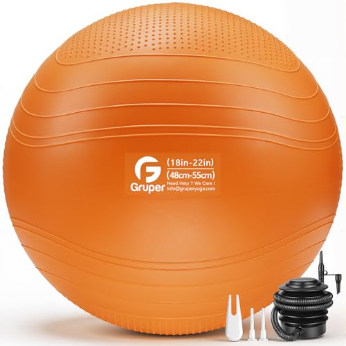 Gruper Yoga Ball, Extra Thick Non Slip Exercise Ball for Workout, Yoga, Pregnancy, 4 Sizes Anti Burst Chair for Home and Office, Includes Foot Pump & Fitness Guide - color: ['Orange'], size: 22 Inch (55cm),m