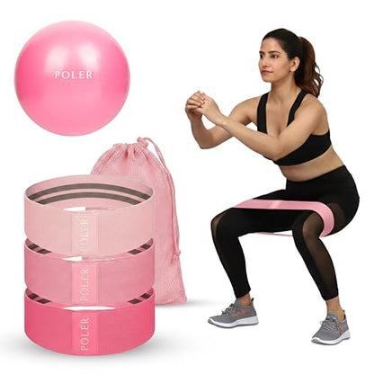 Poler Booty Resistance Bands Set for Women – 3 Fabric Bands (Light, Medium, Heavy) + Pilates Ball – Non-Slip Glute & Leg Workout Kit for Home Fitness, Yoga & Strength Training - color: Black P