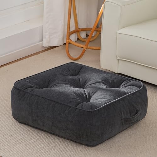 HIGOGOGO 8" Extra Thick Floor Pillow Cushion for Adults, Meditation Cushion Pillow with Handle, Lustrous Chenille Tufted, Square Floor Sitting for Tatami Living Room or Yoga, 22x22 Inch, Dark Grey - color: Square Dark Grey, size: 8" Thick(Pack of 1)