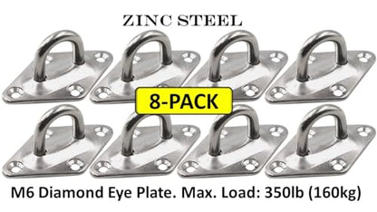 Heavy Duty Hammock Kits & Ceiling Hook Diamond Pad Eye Plates, 304 Stainless Steel & Black Zinc Galvanized Steel Corrosion Resistant, 2, 4 & 8 Packs - color: 8-Pack-Zinc-M6