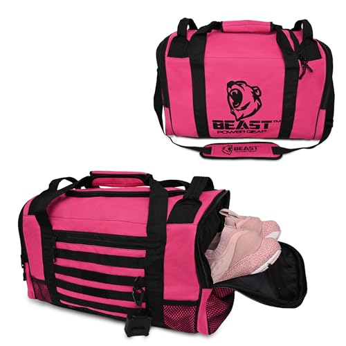 Beast Power Gear Gym Duffle Bag- Workout, Boxing, MMA, Sports Bag with Shoes Compartment and Adjustable Shoulder Strap for Men and Women (Pink/Black) - color: Pink/Black