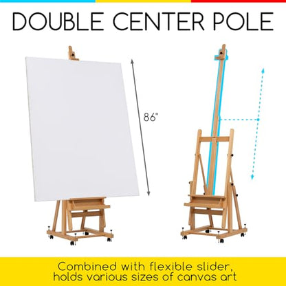 MEEDEN Enlarged Heavy-Duty H-Frame Easel: Artist Solid Beech Wooden Studio Easel - Professional Painting Art Easel Stand with 4 Lockable Wheels & Leveling Bolts - Hold Canvas up to 86" H - color: Natural, size: X-Large
