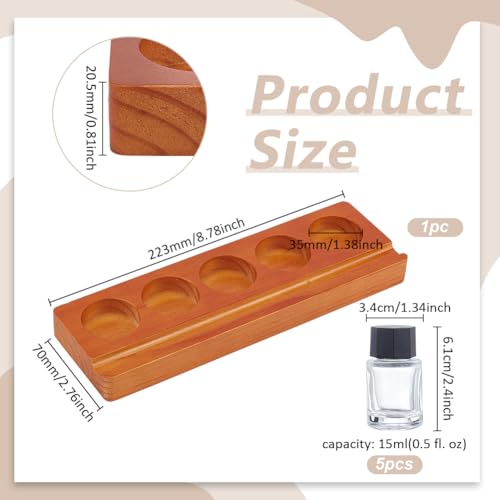 BENECREAT 5-Hole Calligraphy Ink Pot Holder Set, Wood Bottle Organizer Stands & 5Pcs Glass Fountain Pen Ink Bottle（15ml/ 0.5oz Decorative Desk Organizer for Office and Home Writing