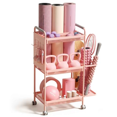 YOTTOY 3-Tier Gym Storage Rack for Home Gym–Multi-Functional Weight Rack, Dumbbell Rack, Yoga Mat Holder with Side Basket & 6 Hooks, Gym Equipment Organizer - color: Pink