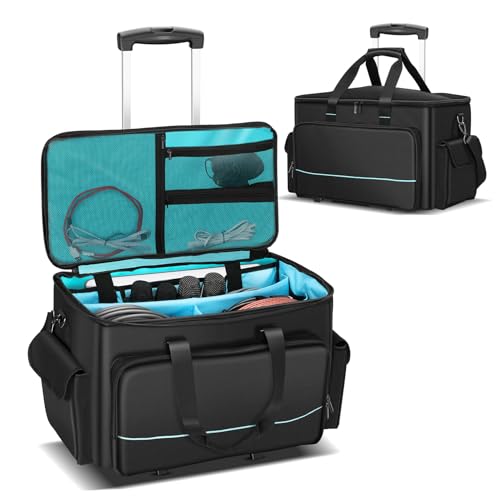 DJ Cable Bag, Rolling DJ Cable Bag with Detachable Trolley & Dividers | Large Capacity Gig Bag with Laptop Compartment, Professional Organizer Bag for Cables, Microphones, and DJ Equipment