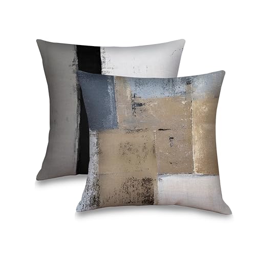 Taupe Tan and Grey Abstract Pillow Covers 18x18 inches Set of 2, Modern Neutral Oil Painting Decorative Cushion Cases for Couch Sofa, Soft Flannel Pillow Shells for Living Room Bedroom Decor - color: Taupe Tan Grey37