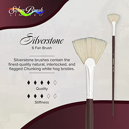 Silver Brush 1104-6 Silverstone Excellent Long Handle Hog Bristle Brush, Fan, Size 6 | Stiff Flagged Hog Bristle, Superb Paint Absorbency, Lightly Textured Strokes, Smoothing, Blending, Lifting, Softening Colors - size: Size 6