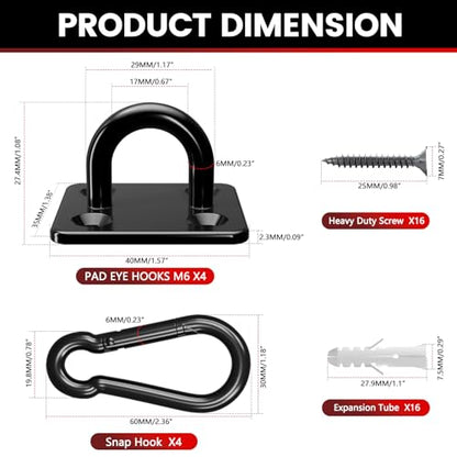 sprookber 304 Stainless Steel Pad Eye Snap Hook, M6 Ceiling Hook 800Lb,8Pcs | Hanging Kit with Screws for Hammock Chair Swing, Yoga Gym Equipment, Sun Shade Sail, Plant Hangers & Marine Boat Hardware - size: 2.3 inch, style: Black Square