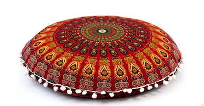 CRAFT KALA 32" Large Round Bohemian Floor Pillow Cover Boho Pouf Cover Mandala Meditation Room Pillows Cover Adults Seating Poufs Cushion Cover for Kids Reading Playroom Red Mirchi - color: Red Mirchi