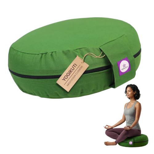 Yogikuti 100% Cotton Meditation Cushion (Round) with Handle | Firm & Comfortable Yoga Cushion | Removable Washable Cover | Floor Seating Support for Meditation, Yoga & Pranayama - color: Green