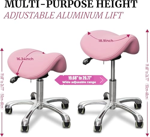 Ergonomic Saddle Chair,Heavy-Duty Rolling Stool with Wheels | 500lbs|Adjustable Height |360° swivel Silent PU casters|For Massage,Salon, barber ,tattoo,Spa ,Drafting,Clinic, Lab, Office - color: Pink
