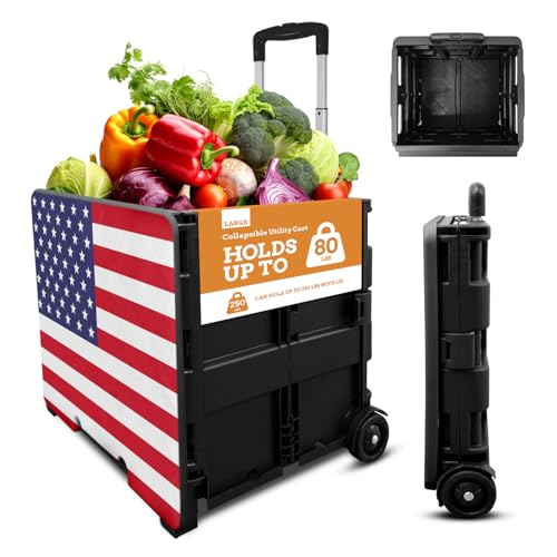 Inspired Living Collapsible Ultra-Slim Pack-N-Roll,2 Wheel Utility Cart w/Lid Used as Seat up to 250 Lbs, Telescopic Handle, Super Strong, for Home,Garden,Shopping,Office,School, Large, American Flag - color: American Flag Print, size: Large/ Lid