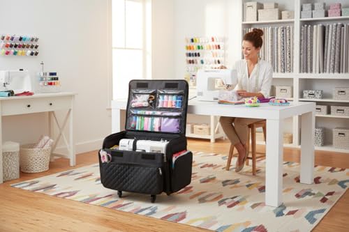 Everything Mary 4 Wheels Collapsible Deluxe Sewing Machine Storage Case - Rolling Trolley Carrying Bag for Brother, Singer - color: Black Quilted