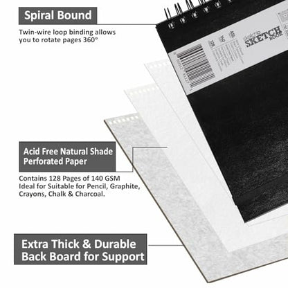Creo Crafts SketchO WireO Sketchbook A5 Landscape - Spiral Bound Hardcover, 128 Pages (64 Sheets), 140 GSM Natural Shade Acid-Free Paper for Acrylic, Gouache, Sketching & Journaling - size: A5