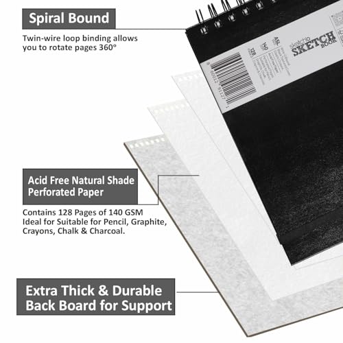 Creo Crafts SketchO WireO Sketchbook A5 Landscape - Spiral Bound Hardcover, 128 Pages (64 Sheets), 140 GSM Natural Shade Acid-Free Paper for Acrylic, Gouache, Sketching & Journaling - size: A5