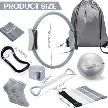 RoundFunny Pilates Ring Circle Set 18 Pcs Exercise Equipment Accessories for Women Workouts Pilates Ball Stretching Strap Magic Circle Yoga Ring Gym Back Bag Resistance Band Anti Slip Socks - color: Grey