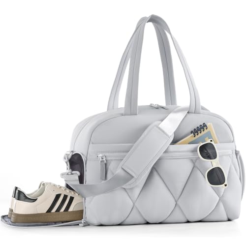 Women's Duffle Gym Bag, Carry-On Shoe Compartment for Weekender Overnight - color: Grey, size: Medium