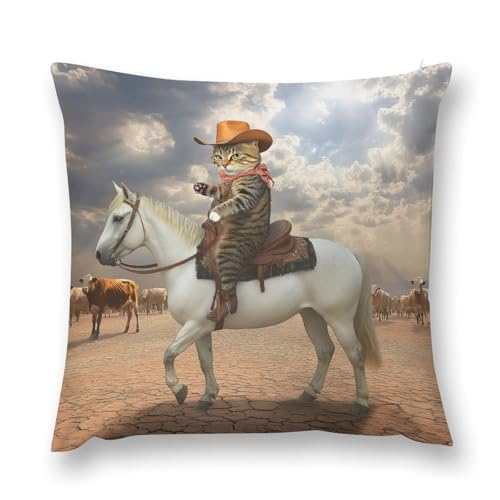 Funny Cat Cowboy Cat Riding Horse Throw Pillow Covers 18x18 Inch - color: Funny Cat Cowboy Cat Riding Horse