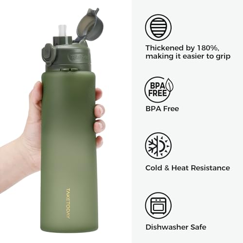 TakeToday Collapsible Water Bottles, Foldable for Travel, 32oz, Green | Compact Foldable Travel Bottle with Straw, TSA-Approved Leakproof Silicone, BPA-Free for Hiking & Outdoors - color: Green
